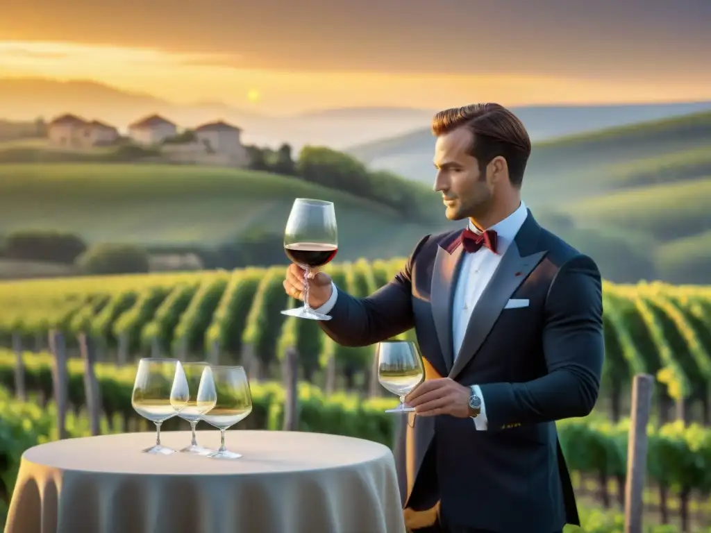 Un sommelier francés vierte un exquisito vino Bordeaux en una copa de cristal, en una viña al atardecer