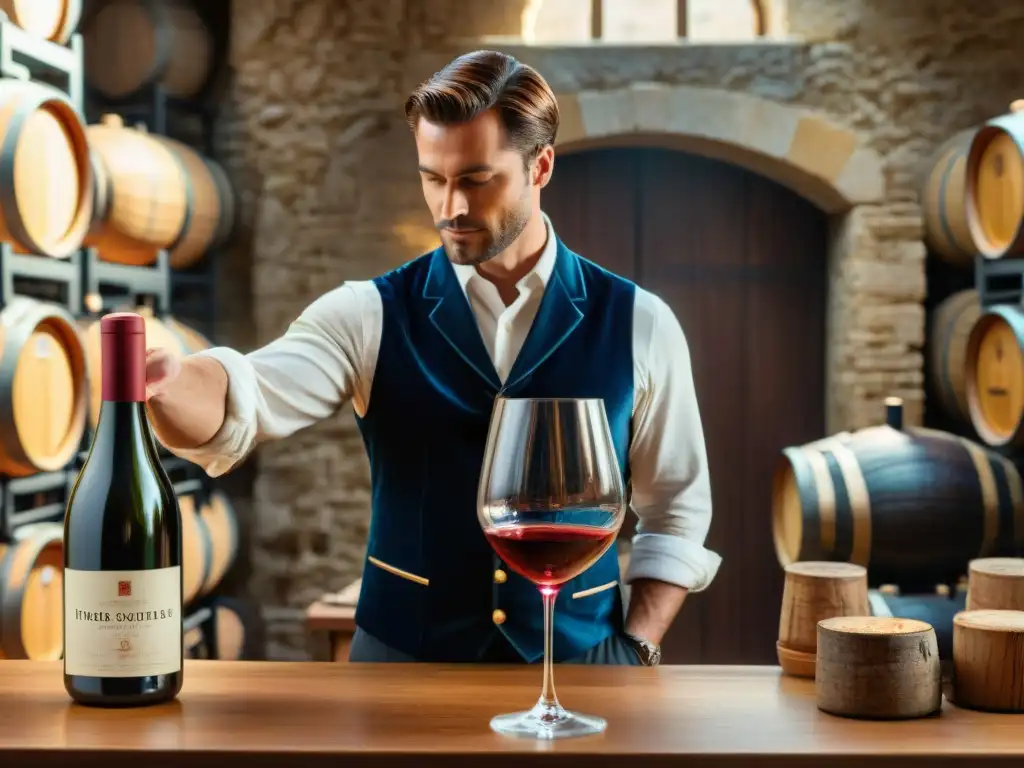 Un sommelier vierte un exquisito vino tinto francés en una copa de cristal en una bodega elegante