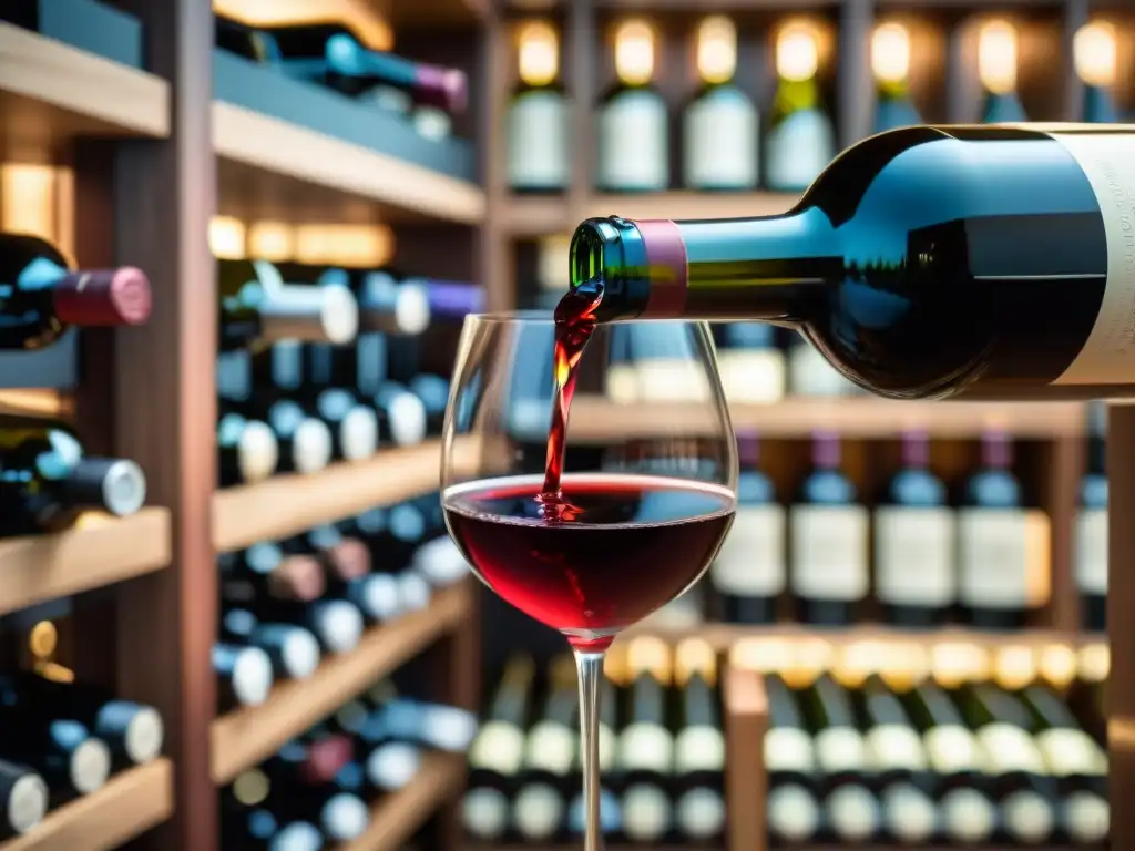 Un sommelier vierte un exquisito vino tinto francés en una copa de cristal, en una bodega elegante