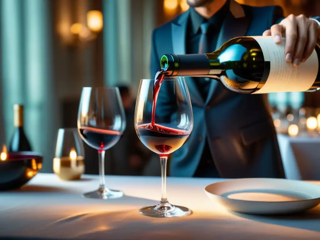 Un sommelier vierte un exquisito vino tinto francés en una copa de cristal, en un elegante entorno de mesa de lujo