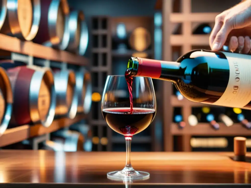 Un sommelier vierte un exquisito vino tinto francés en una copa de cristal, en una bodega elegante