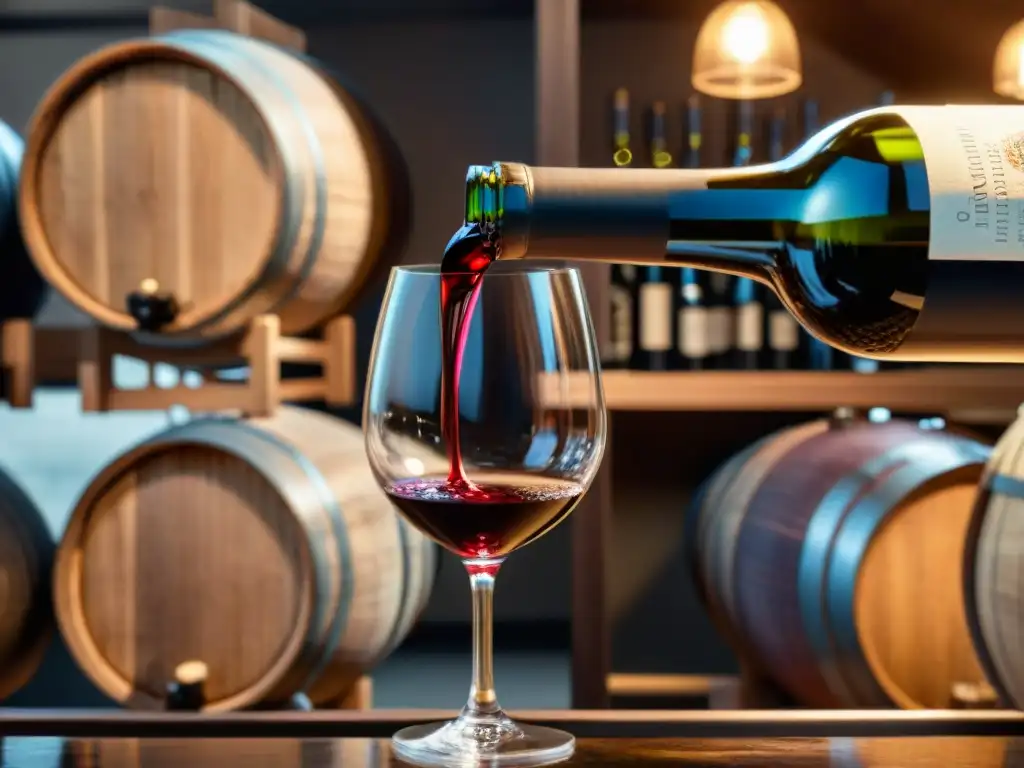 Un sommelier vierte un exquisito vino tinto francés en una copa de cristal en una bodega elegante