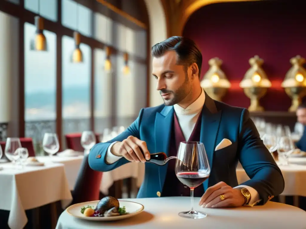 Un sommelier francés sirviendo un exquisito vino Bordeaux en un restaurante elegante de Francia