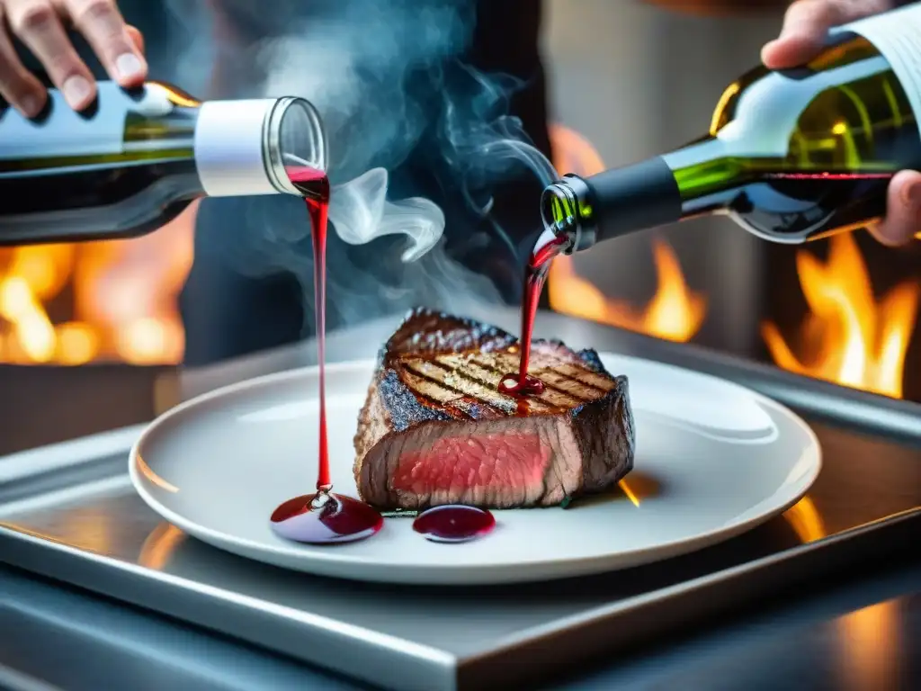 Un sommelier francés vierte un exquisito vino tinto Bordeaux mientras se cocina un suculento filete a la parrilla