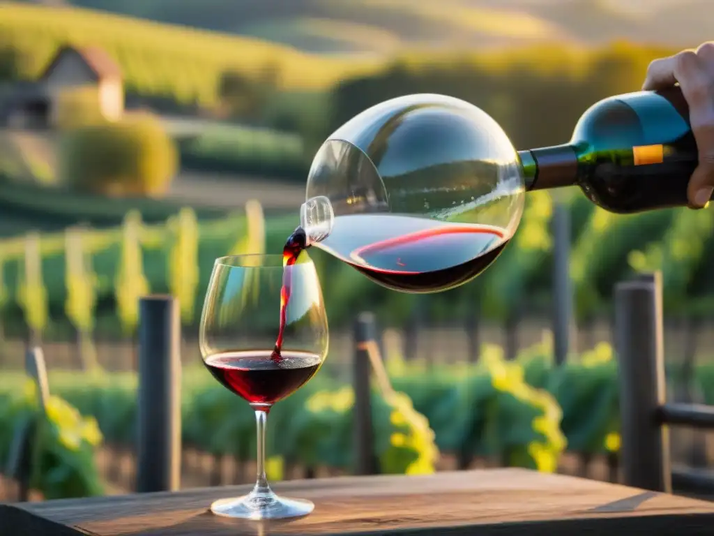 Un sommelier francés vierte un exquisito vino tinto en una copa de cristal en un viñedo al atardecer