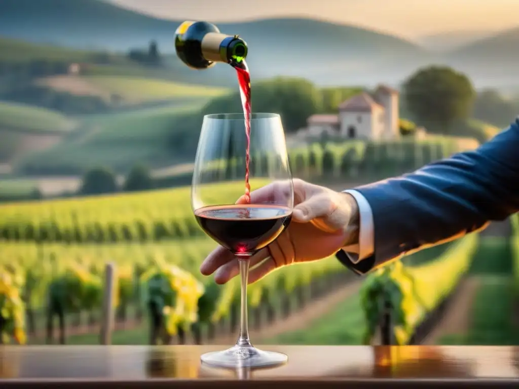 Un sommelier francés vierte un exquisito vino tinto en una copa de cristal, en un viñedo al atardecer