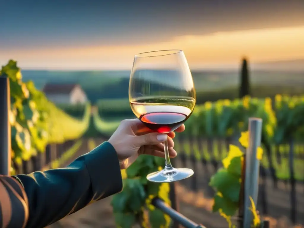 Un sommelier vierte con maestría un exquisito vino del Valle del Loira, en un entorno de viñedos al atardecer