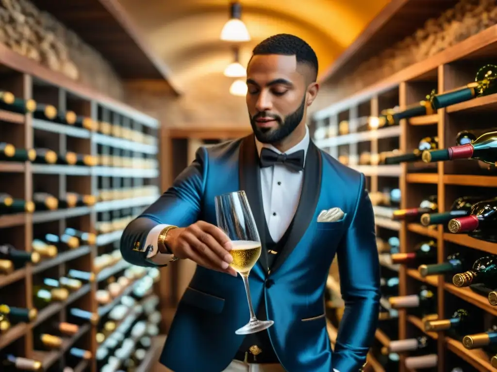 Un sommelier vierte champán francés en una copa, en una bodega elegante