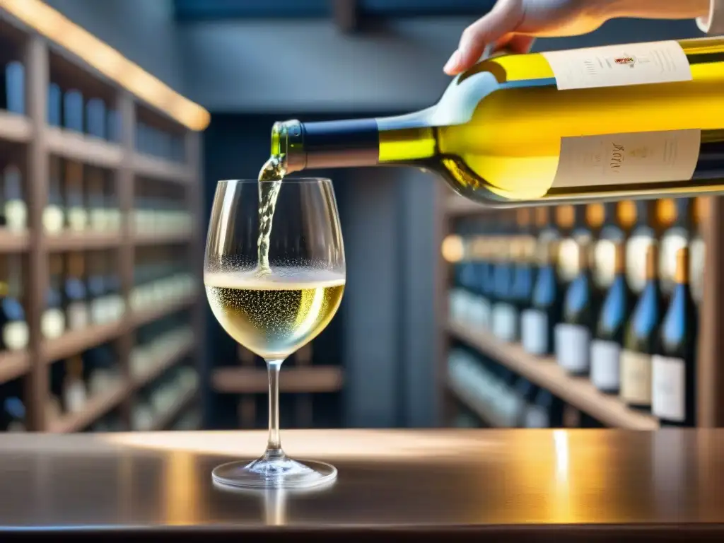 Un sommelier vierte con maestría un fresco vino blanco francés en una copa cristalina, destacando las características vinos blancos franceses