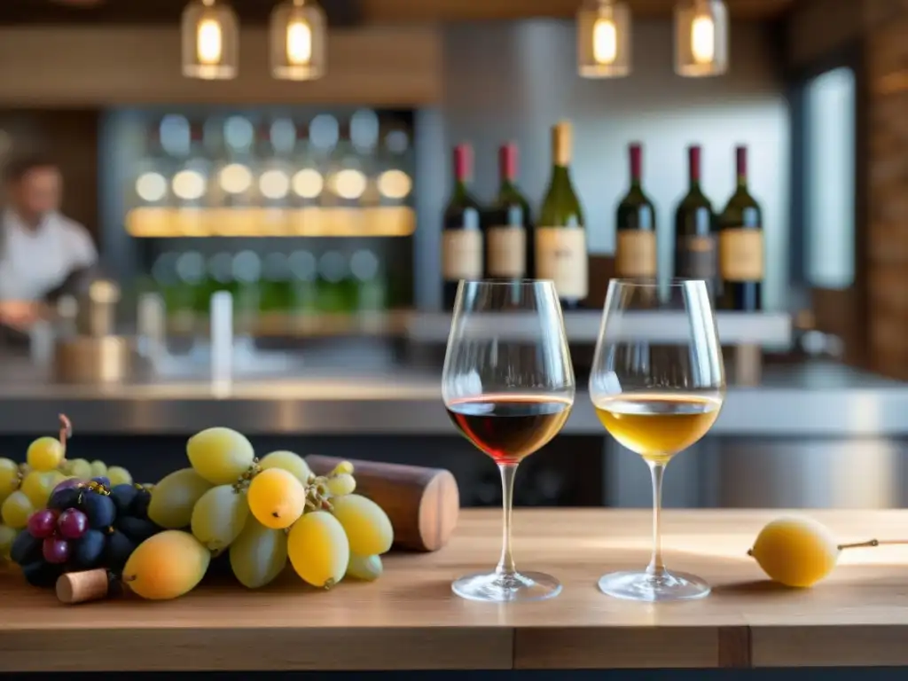 Un sommelier vierte con maestría un Pinot Gris alsaciano en una copa de cristal, en una cocina francesa con barricas de vino y frutas frescas