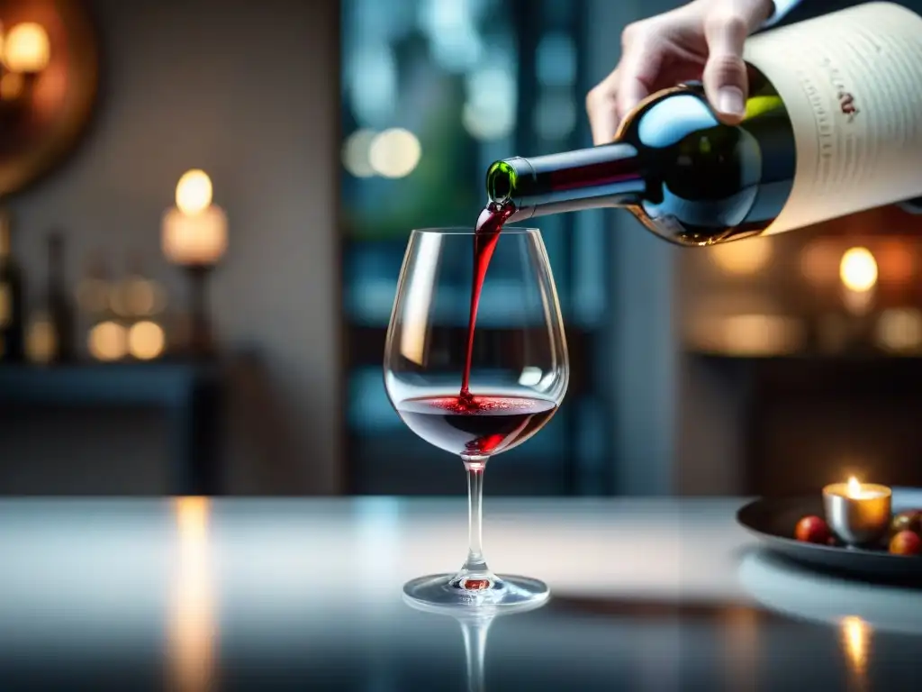 Un sommelier sirviendo un intenso vino tinto Bordeaux en una copa de cristal, en un elegante restaurante francés