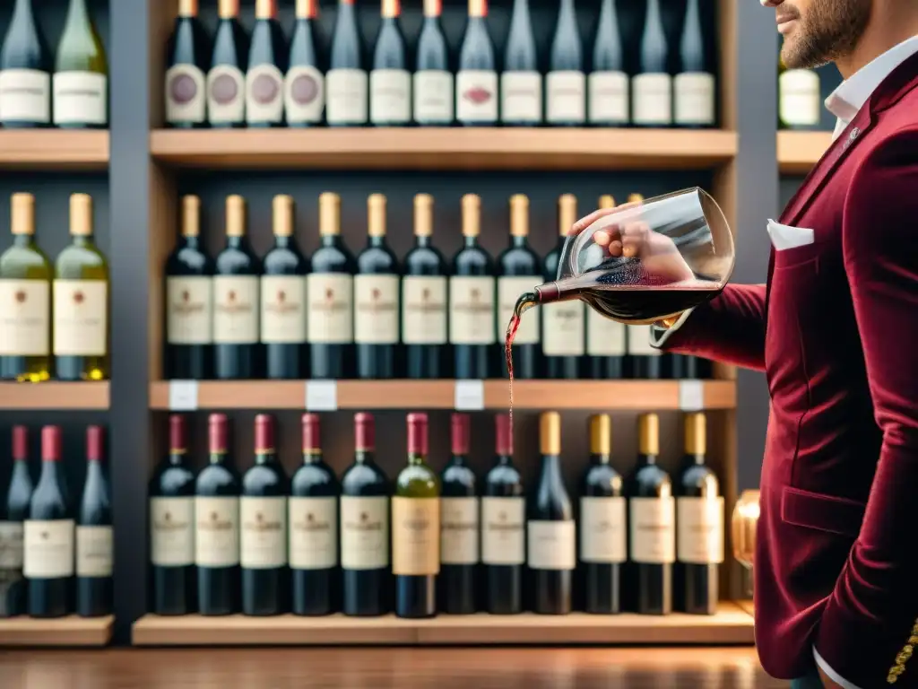 Un sommelier vierte un intenso vino Bordeaux en una copa de cristal, rodeado de botellas de vino francés vintage