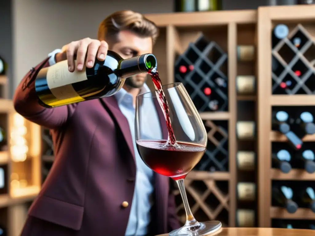 Un sommelier vierte un intenso vino tinto de Borgoña en una copa de cristal en una elegante sala de cata de vinos