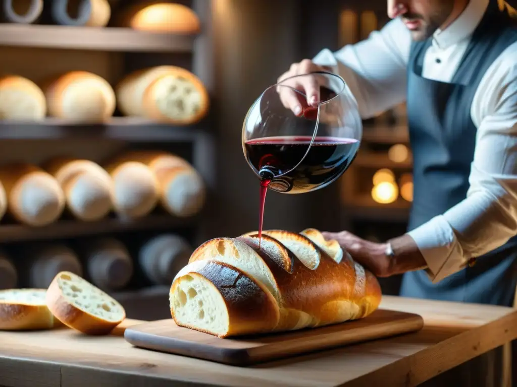 Maridaje perfecto: vino tinto y pan francés en bodega rústica Un sommelier vierte con maestría vino tinto junto a pan francés recién horneado en bodega rústica