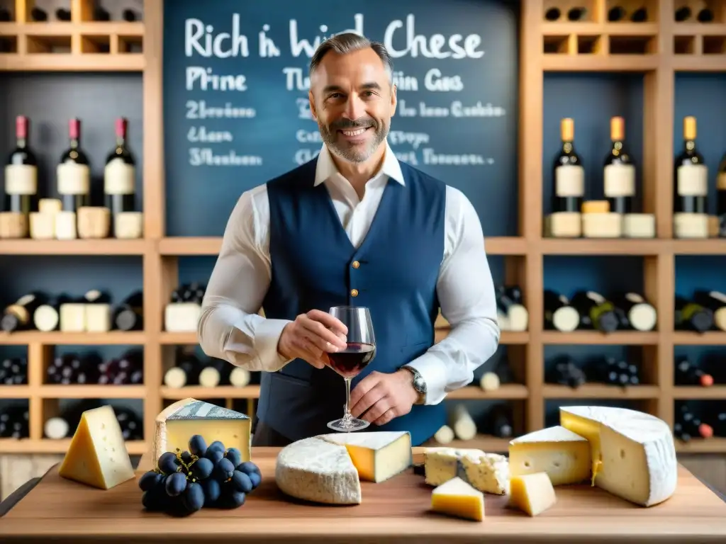 Exquisita degustación: sommelier sirviendo vino y quesos franceses Un sommelier vierte vino junto a quesos franceses en una bodega acogedora