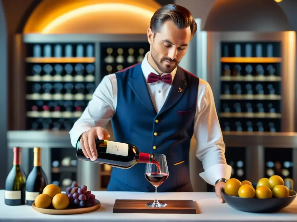 Un sommelier moderno utiliza un decantador electrónico para realzar sabores, en un restaurante francés