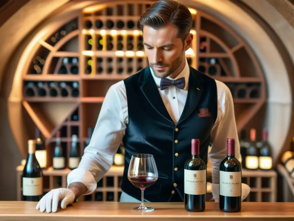 Un sommelier vierte con precisión un vino Bordeaux en una copa cristalina en una bodega elegante, evocando técnicas de cata vinos franceses