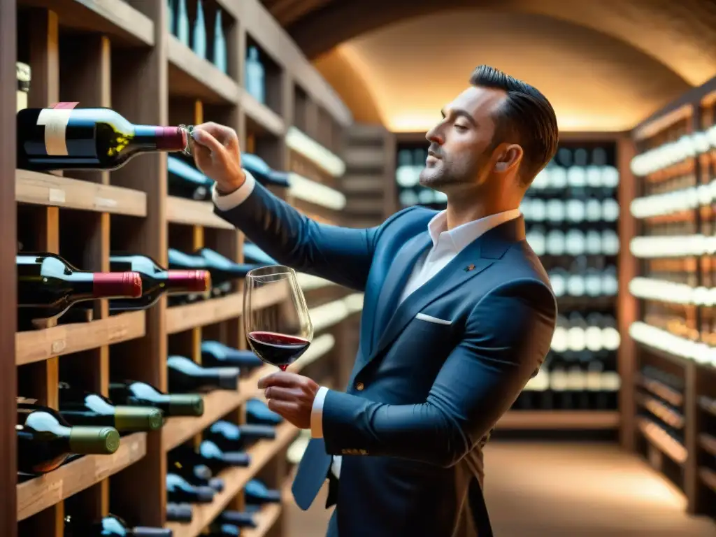 Un sommelier francés vierte con precisión un vino tinto Borgoña en una copa de cristal, en una bodega elegante