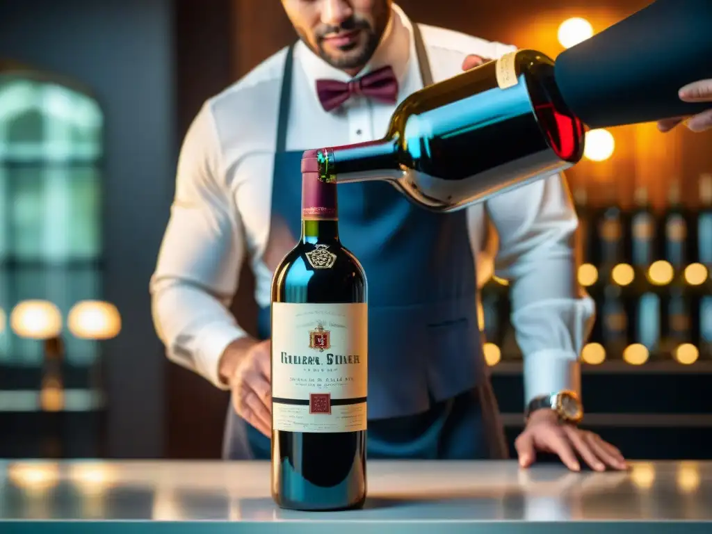 Experto sommelier sirviendo vino Bordeaux vintage en detalle Un sommelier vierte con maestría un raro vino francés en copa de cristal, destacando la sofisticación de las mejores boutiques vino Francia