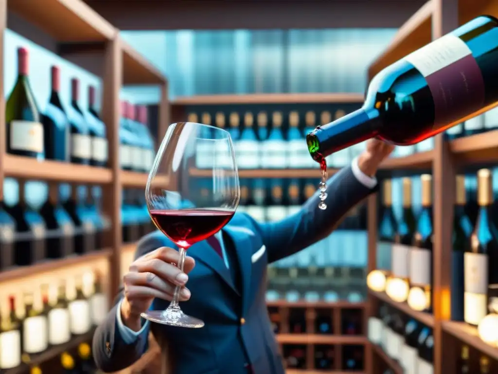 Un sommelier vierte con maestría un rico vino tinto Borgoña en una copa de cristal, entre estantes de vinos franceses