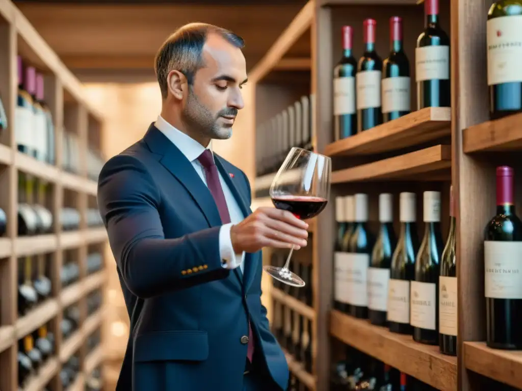 Sommelier sirviendo Bordeaux: Elegancia francesa en cada copa Un sommelier vierte un rico vino tinto Bordeaux en una copa de cristal, con estantes de vino al fondo