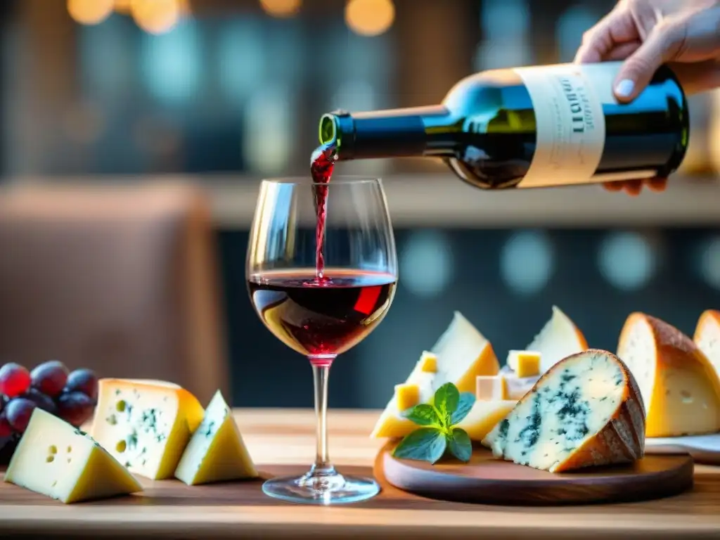 Un sommelier vierte un rico vino bordelesa en una copa de cristal, con quesos y embutidos en una elegante mesa de madera