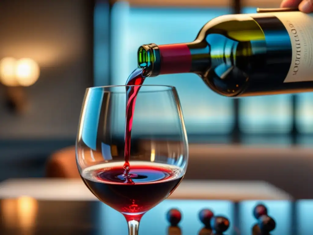 Un sommelier vierte con maestría un rico vino tinto francés en una copa cristalina, creando un maridaje perfecto para una cena elegante