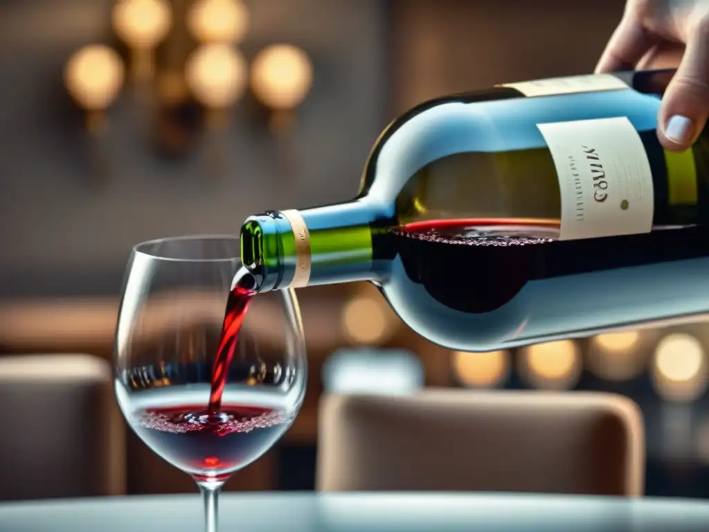 Vertiginosa elegancia: sommelier sirviendo vino francés en copa de cristal Un sommelier vierte con maestría un rico vino tinto francés en una elegante copa de cristal, resaltando la conexión entre vinos franceses y cultura gastronómica