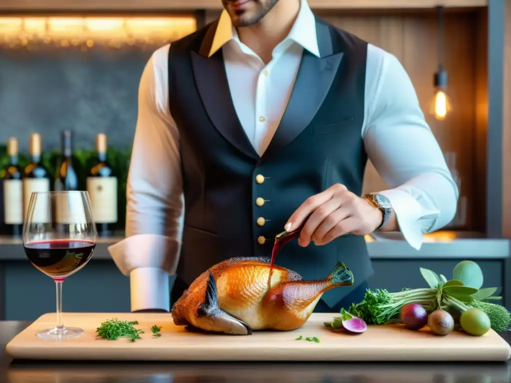 Un sommelier francés vierte un rico vino de Burdeos junto a un pato asado, en una cocina rústica