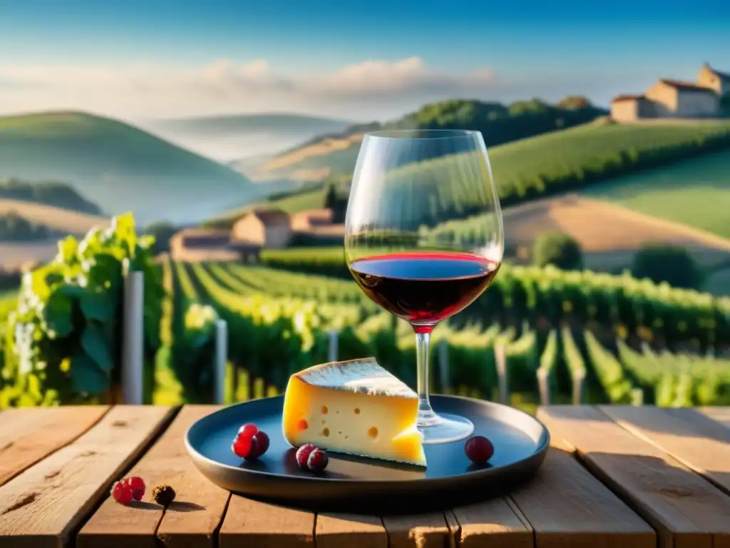 Un sommelier vierte un rico vino tinto en una copa de cristal, con viñedos franceses y quesos artesanales
