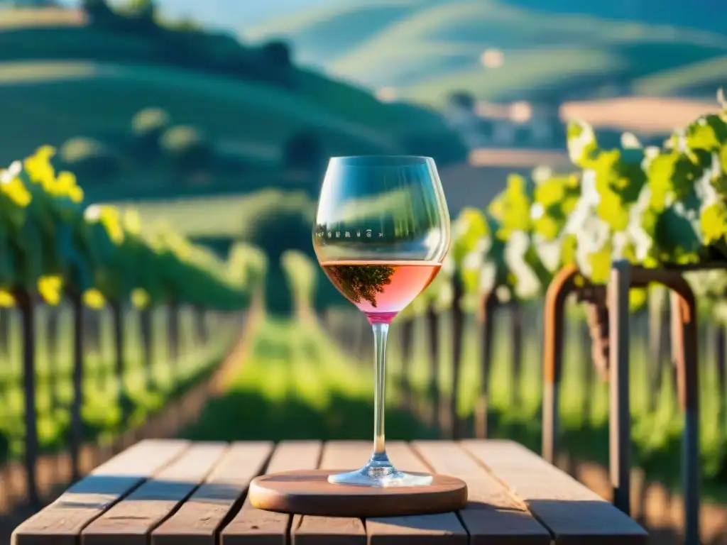 Un sommelier vierte con maestría un Rosado de Provenza en un elegante vaso, en un viñedo de verano en Francia