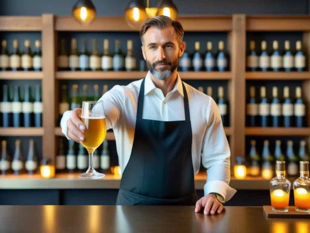 Un sommelier de sidras francesas en una elegante escena de alta cocina, vertiendo una copa dorada y efervescente