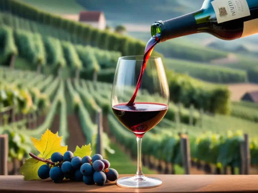 Exquisita degustación de Pinot Noir de Borgoña Un sommelier vierte un suave Pinot Noir de Borgoña en una copa elegante, mostrando su profundo color rubí y etiqueta detallada