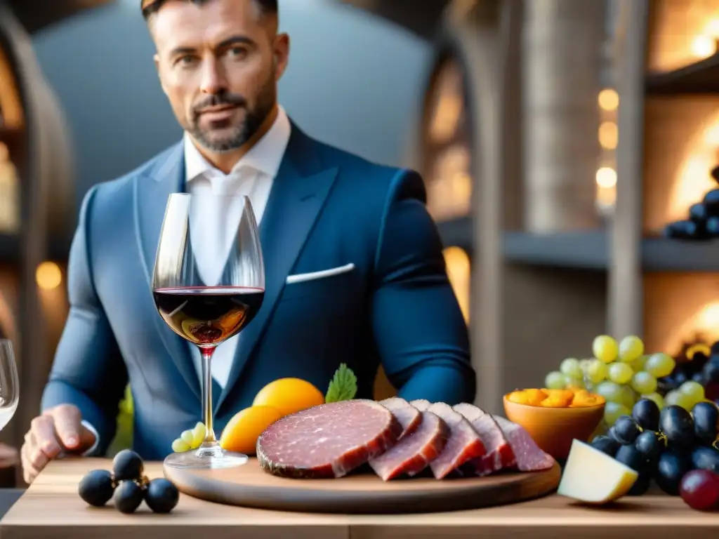 Un sommelier vierte vino tinto en copa cristal, con tabla de embutidos de fondo