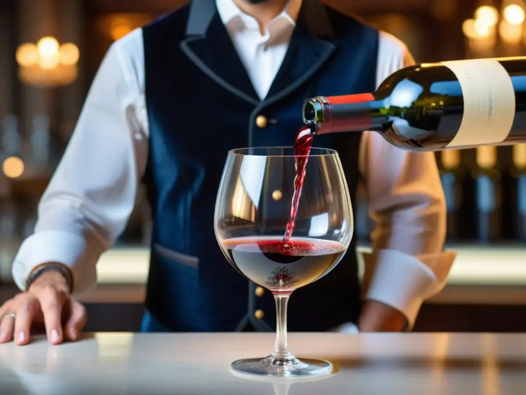 Un sommelier vierte vino tinto orgánico en una copa de cristal en un elegante restaurante francés