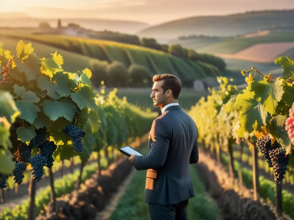 Un sommelier examina uvas en un viñedo francés al atardecer