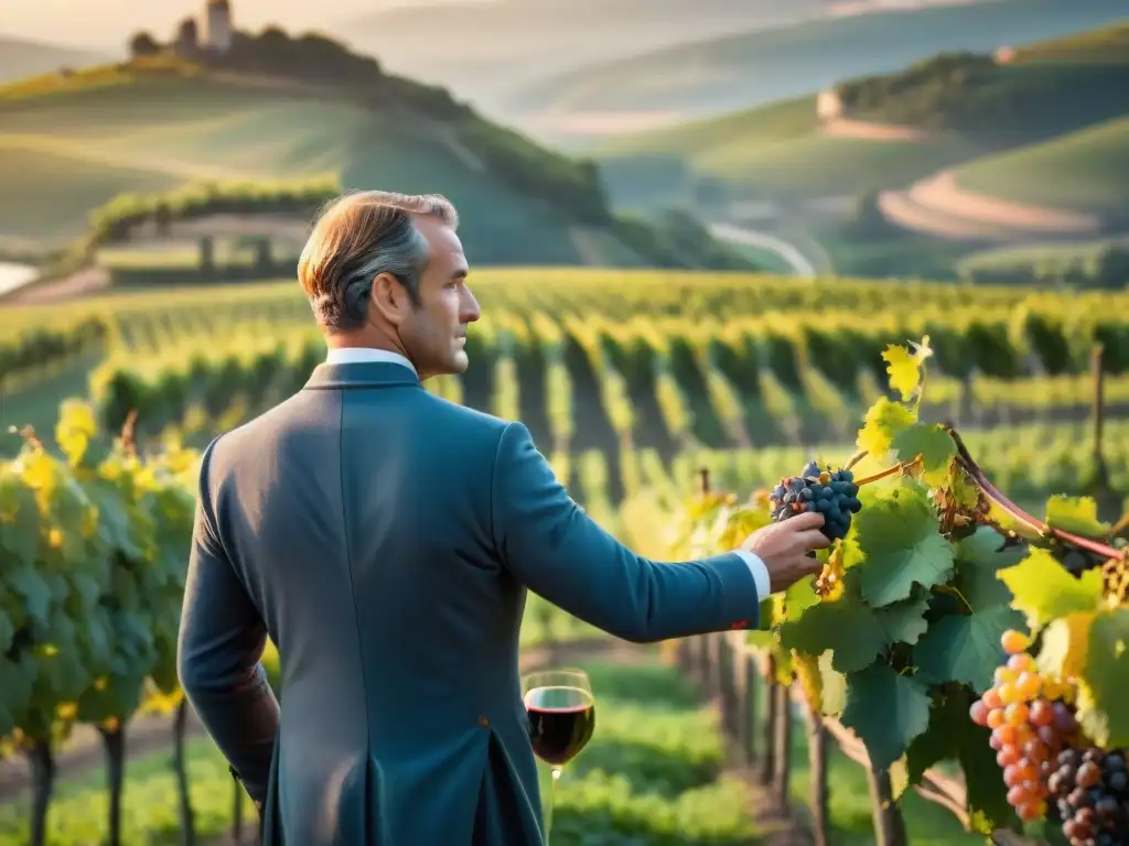 Un sommelier inspecciona uvas en viñedo francés al amanecer, reflejando la tradición vinícola