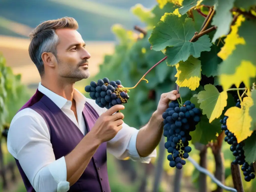 Un sommelier en viñedo francés, inspecciona uvas moradas bajo el sol