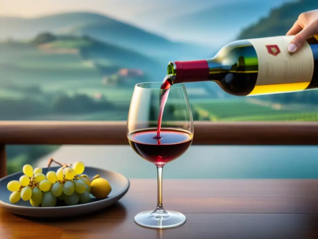 Un sommelier sirviendo vino de Alsacia en copa de cristal, en una mesa elegante