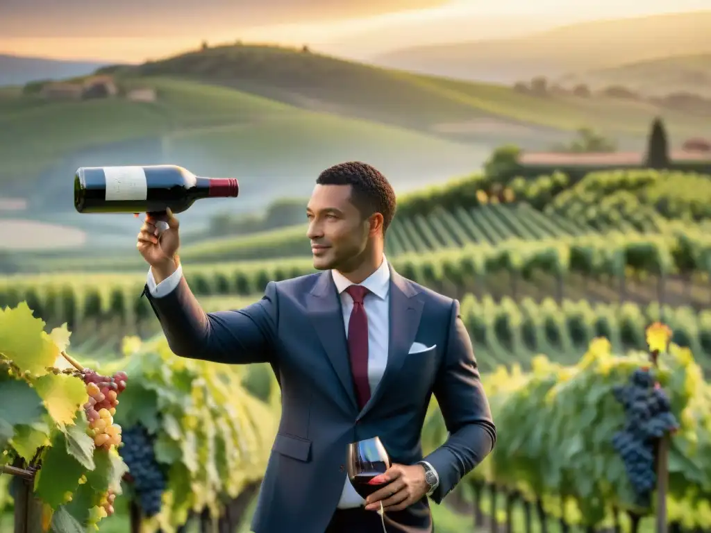 Un sommelier vierte vino tinto en Château Latour al atardecer, reflejando la producción de vino en Château Francés