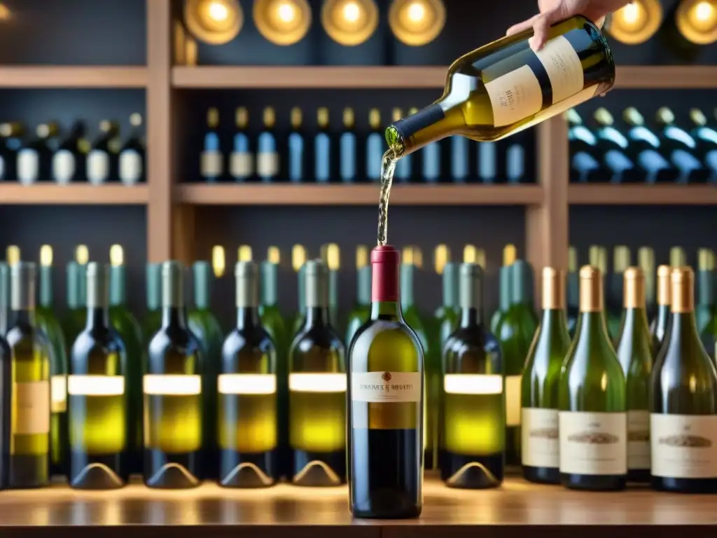 Un sommelier sirviendo un vino blanco francés de calidad en una bodega sofisticada