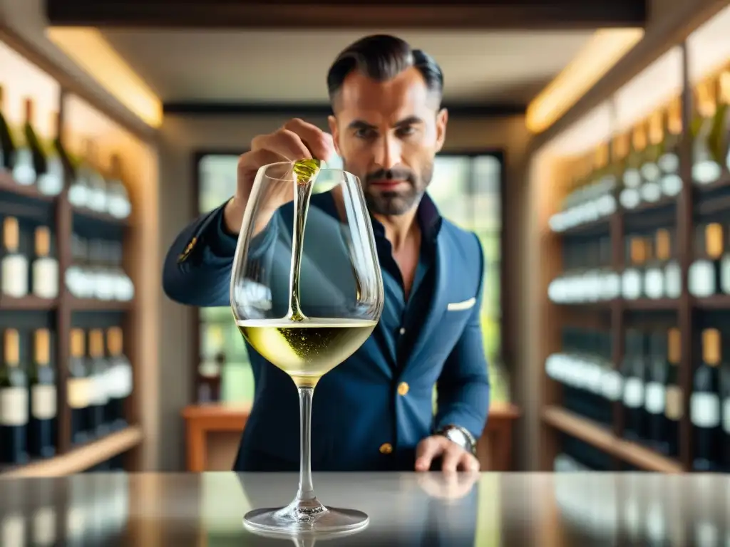 Un sommelier vierte con maestría un vino blanco francés en una copa de cristal, en una bodega elegante iluminada