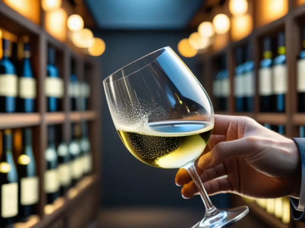 Un sommelier vierte con maestría un vino blanco francés en una copa de cristal, destacando la elegancia y precisión de la cata vinos blancos franceses