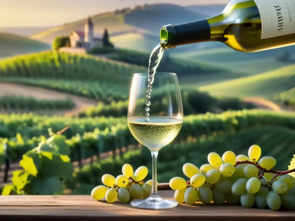 Un sommelier sirviendo vino blanco francés en copa de cristal, rodeado de lujo y elegancia en viñedo al atardecer