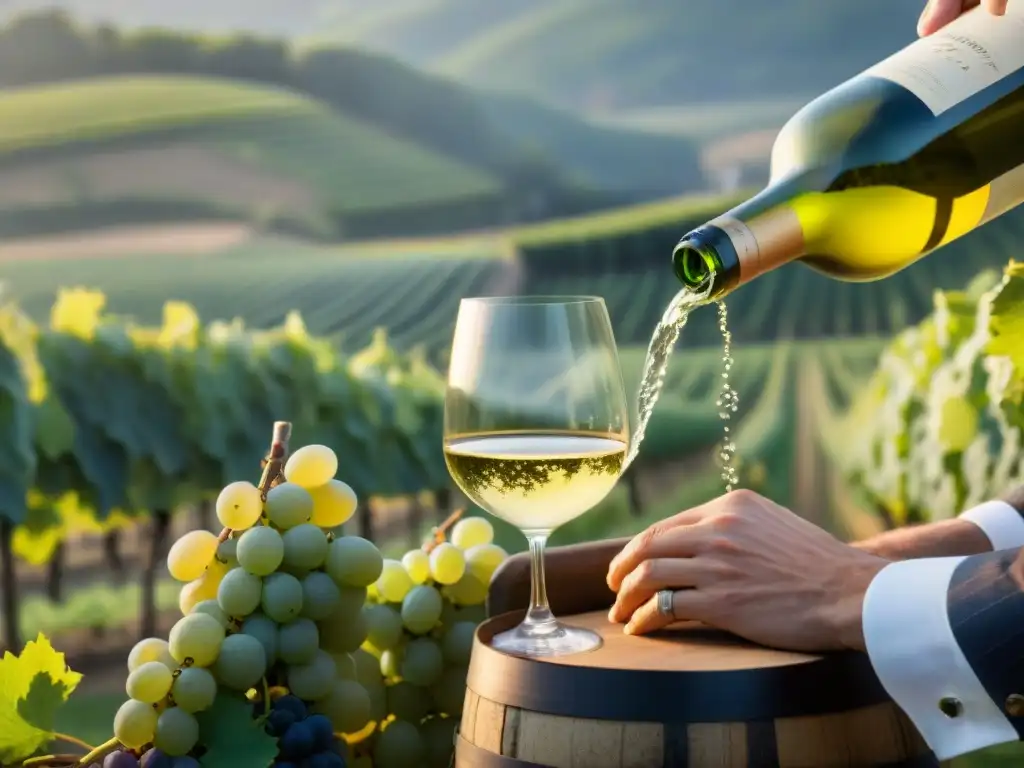 Un sommelier vierte un vino blanco dorado en una copa de cristal, rodeado de viñedos al atardecer