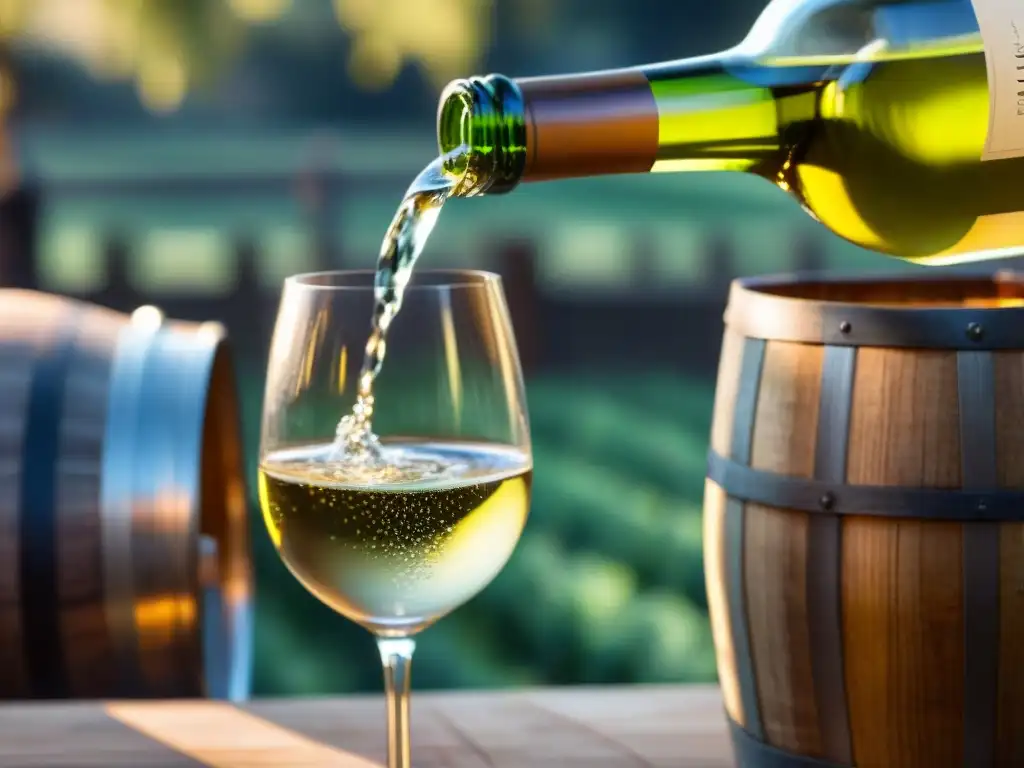 Un sommelier sirviendo con maestría un vino blanco francés dorado en copa de cristal