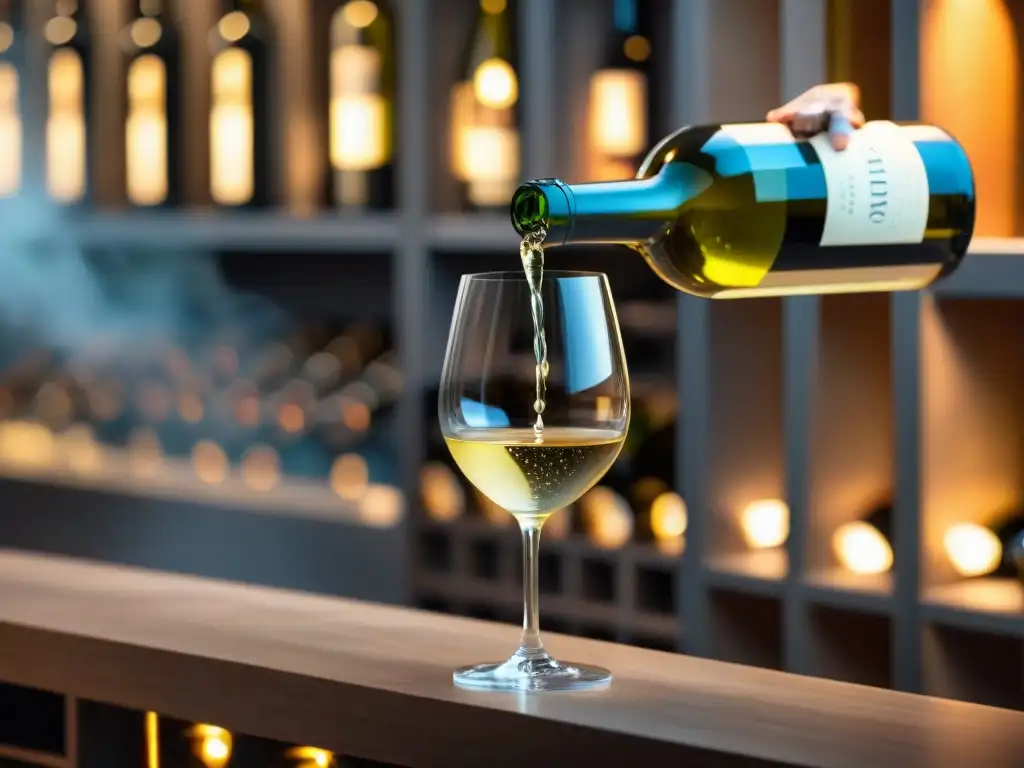 Un sommelier vierte con maestría un vino blanco francés gourmet en una copa de cristal en una bodega elegante