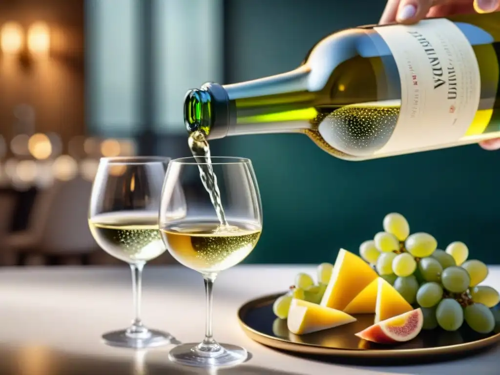 Un sommelier sirviendo vino blanco francés en mesa elegante con maridaje de platillos