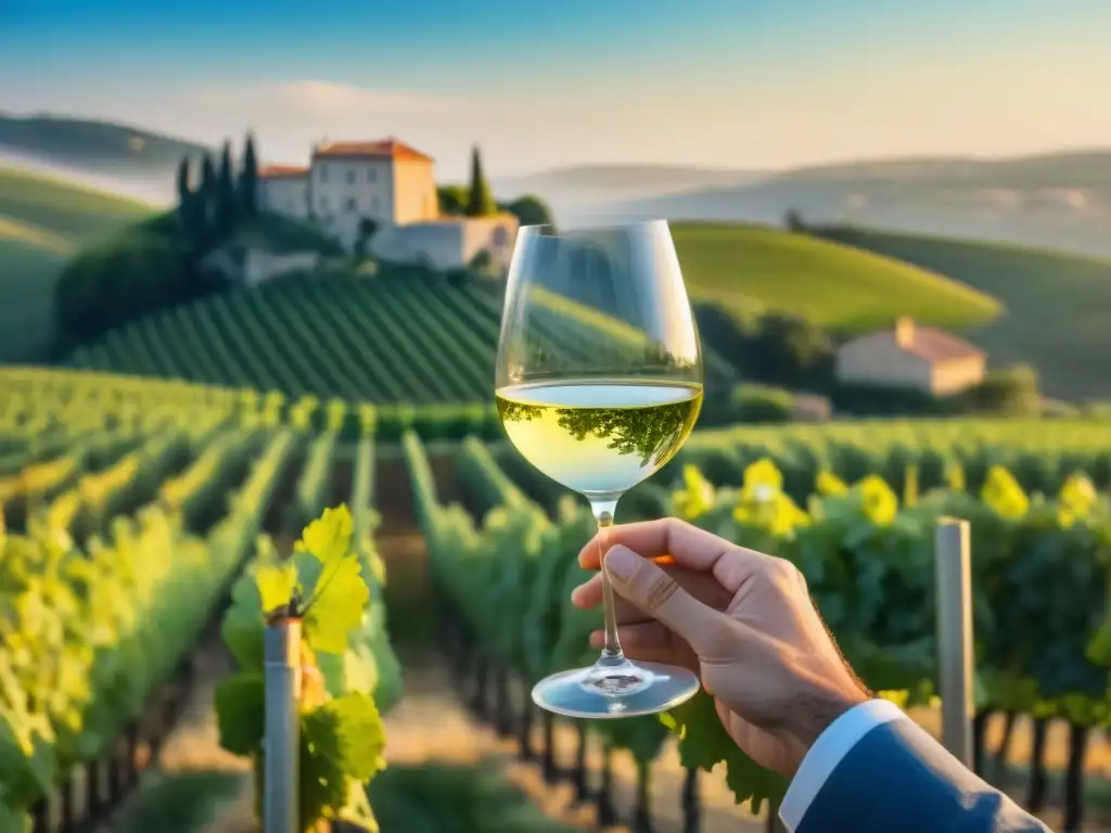 Un sommelier sirviendo vino blanco en una viña francesa al atardecer