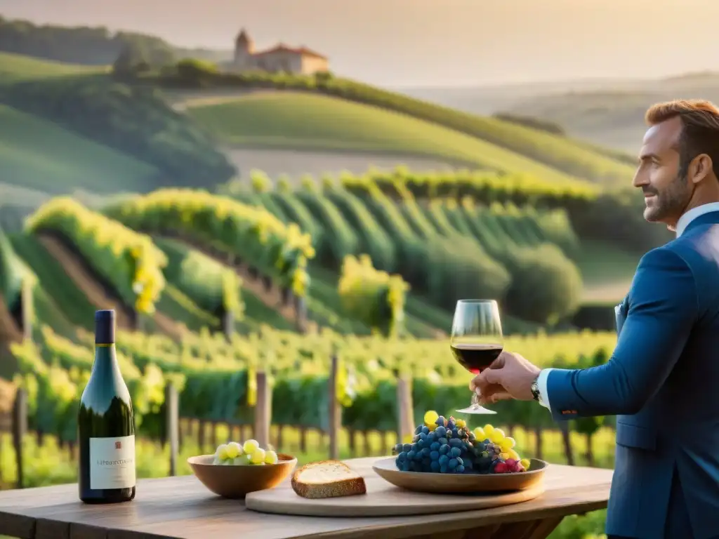 Un sommelier sirviendo vino en una bodega francesa con chef preparando platillo